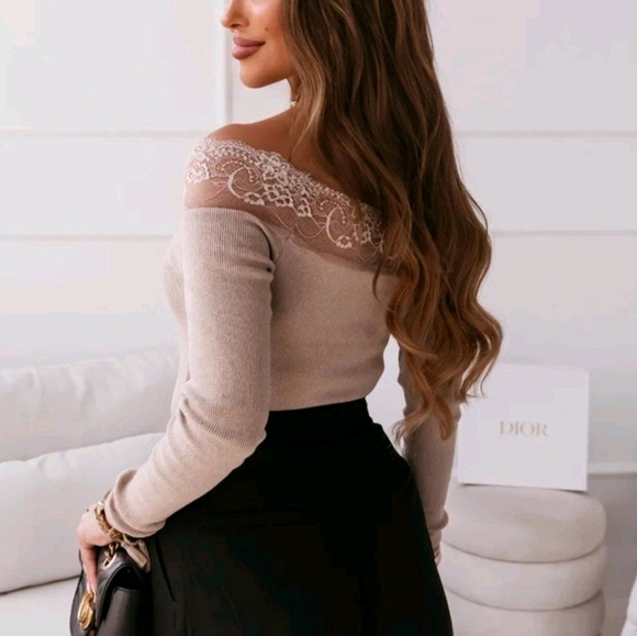 New Sexy Lace Off The Shoulder Slim fit Knit Sweater Size Medium & Large - Picture 2 of 5